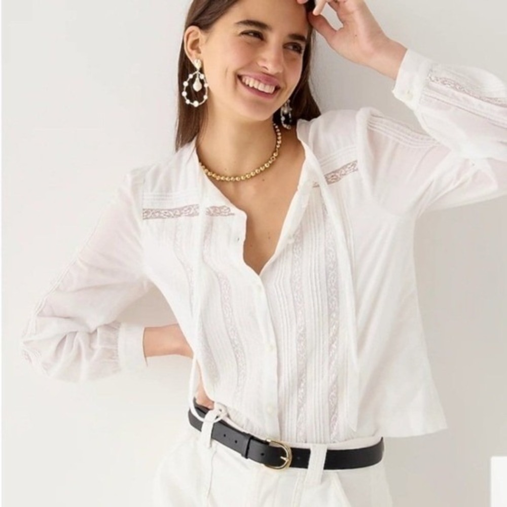 NWT J Crew‎ Tie Neck Vintage Style Lace Pintuck Blouse Top White Cotton XS 0 2 4